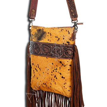American Darling ADBGS192YLAC2A Messenger Hand Tooled Hair On Genuine Leather Women Bag Western Handbag Purse